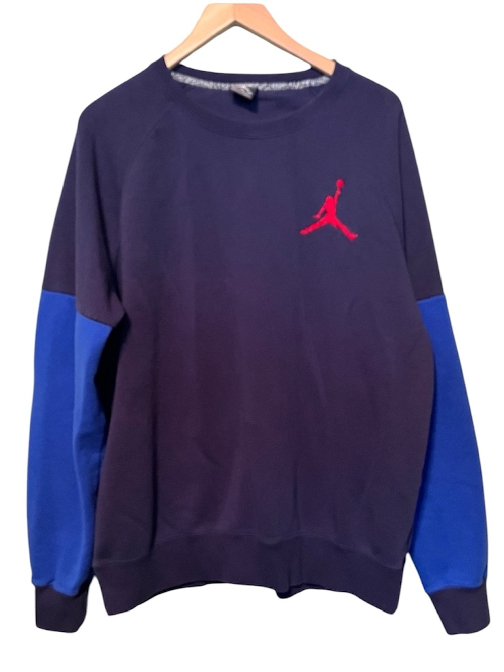 Jordan Men's Navy Crewneck Sweatshirt with Blue Sleeves and Red Logo XL